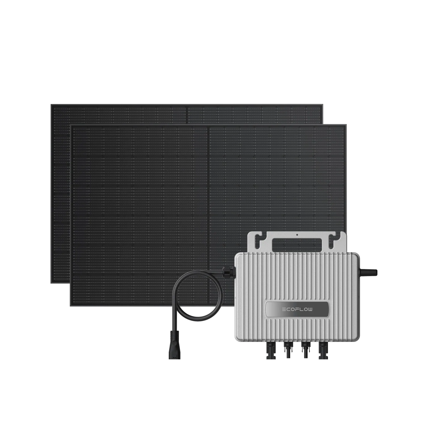 EcoFlow Stream Plug & Play set: twee zwarte zonnepanelen en zilveren micro-inverter